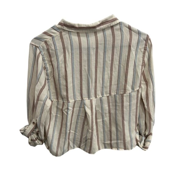 Love Notes Womens Sz Large Striped Button-Down Cropped Shirt Beige Blue Brown - Picture 2 of 10